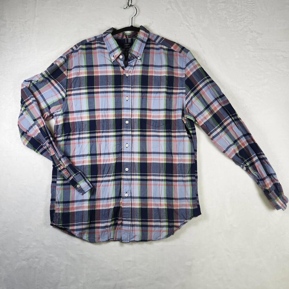 J.Crew L Summer Plaid Shirt Button Down‎ Pastel Madras Cotton Preppy Casual